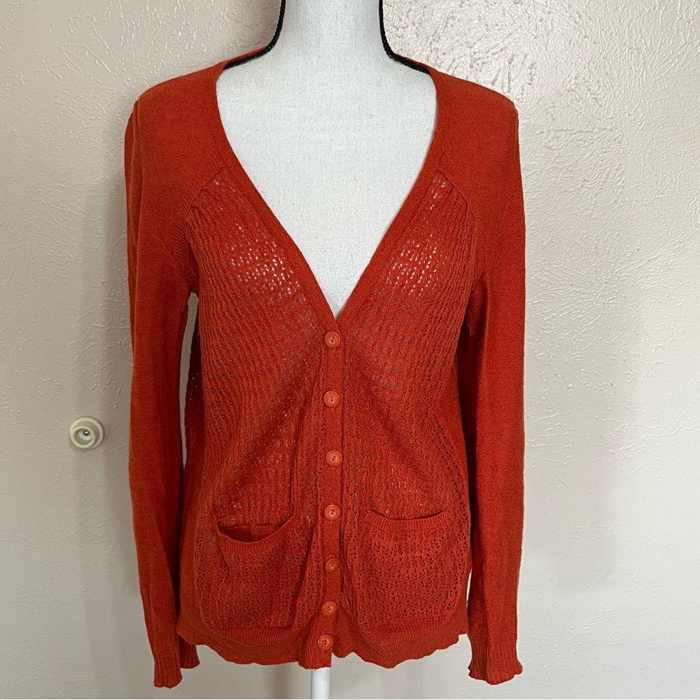 Anthropologie Sparrow Burnt Orange Crochet Knit Linen Button Up Cardigan